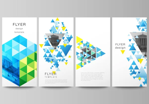The minimalistic vector illustration of the editable layout of flyer, banner design templates. Blue color polygonal background with triangles, colorful mosaic pattern. — Stock Vector