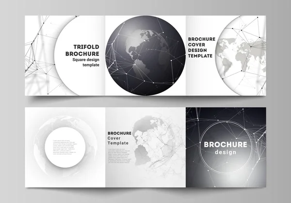 Vector layout of square format covers design templates for trifold brochure, flyer. Futuristic design with world globe, connecting lines and dots. Global network connections, technology concept. — Stock Vector