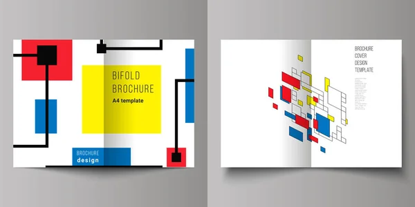 Il layout vettoriale di due modelli di copertina moderni in formato A4 modelli di design per brochure bifold, rivista, volantino. Astratto sfondo poligonale, modello colorato mosaico, retrò bauhaus de stijl design . — Vettoriale Stock