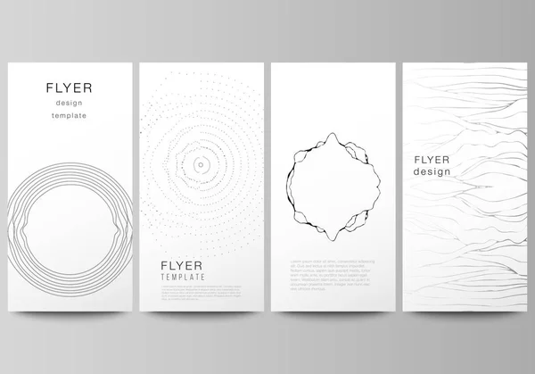 The minimalistic vector illustration of the editable layout of flyer, banner design templates. Trendy modern science or technology background with dynamic particles. Cyberspace grid. — Stock Vector