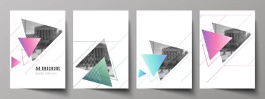 A4 formatında modern kapak örnekler vektör yerleşimini tasarım şablonları broşür, dergi, broşür, kitapçık, faaliyet raporu için. Modern memphis deseni ile üçgenler ile renkli poligonal arka plan.