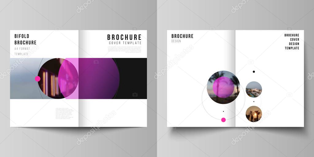 Vector layout of two A4 format modern cover mockups design templates for bifold brochure, flyer, booklet. Simple design futuristic concept. Creative background with circles that form planets and stars