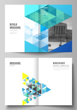 İki A4 formatında kapak örnekler vektör yerleşimini tasarım şablonları bifold broşür, dergi, broşür, kitapçık, faaliyet raporu için. Mavi renk poligonal arka plan ile üçgenler, renkli mozaik desen.