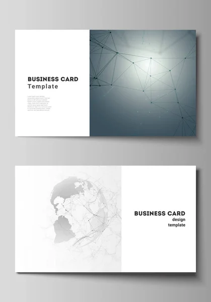 ベクトル 2 つの創造的なビジネス カード デザイン テンプレートの編集可能なレイアウト。地球儀のラインとドットを接続すると未来的な幾何学的なデザイン。グローバル ネットワーク接続、技術デジタル コンセプト. — ストックベクタ