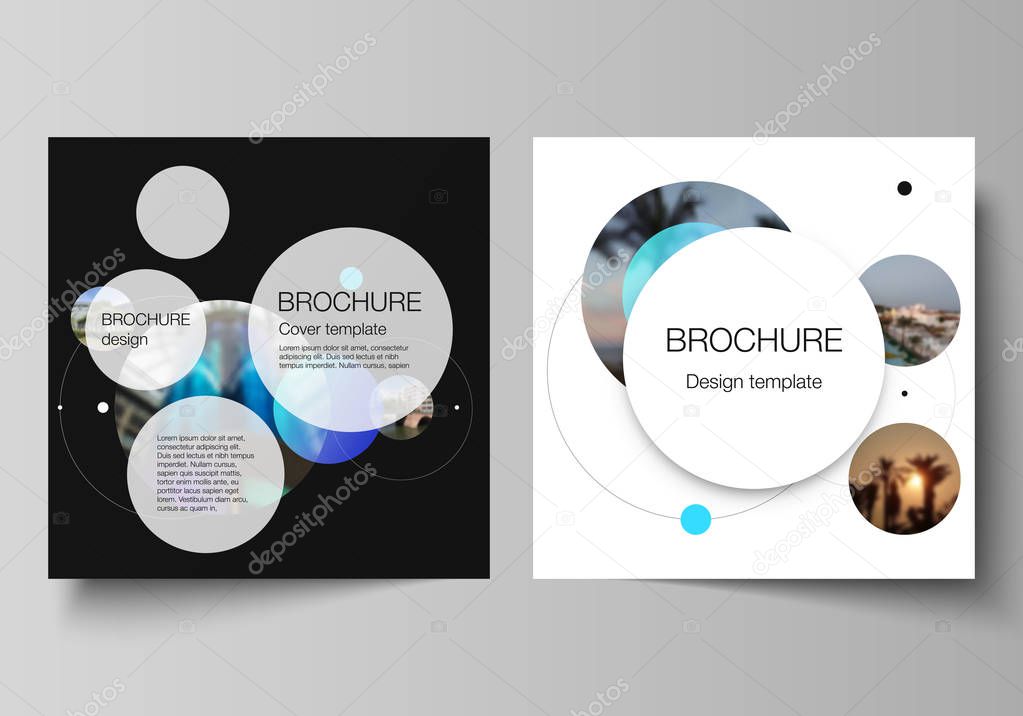 Vector layout of two square format covers design templates for brochure, flyer, magazine.Simple design futuristic concept. Creative background with circles and round shapes that form planets and stars