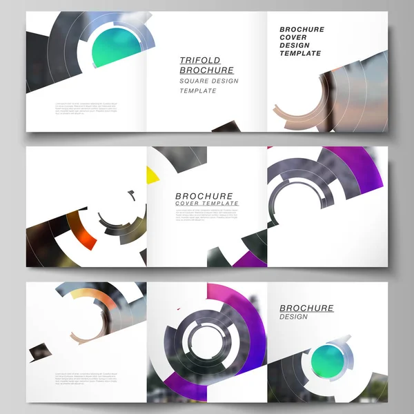 De minimale vector bewerkbare indeling van vierkant formaat omvat ontwerpsjablonen voor driebladige brochure, flyer, magazine. Futuristisch design circulaire patroon, cirkel elementen vormen geometrische frame voor foto — Stockvector