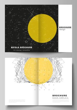 Vektör düzeni iki A4 formatında modern kapak örnekler tasarım bifold broşür, Flyer, kitapçık için şablonlar. Dinamik parçacıklar ile bilim veya teknoloji 3D arka plan. Kimya ve bilim konsepti.
