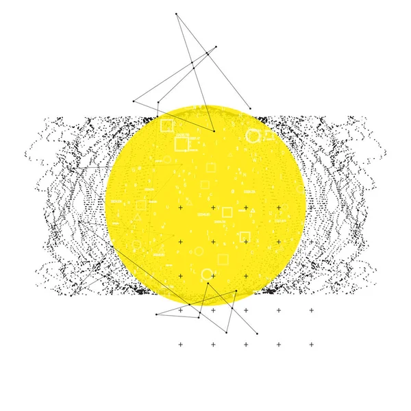 Trendy moderne wetenschap of technologie 3D achtergrond met dynamische deeltjes. Cyberspace grid. Futuristische verbindingsstructuur met gele banner voor chemie en wetenschaps concepten. Vector illustratie — Stockvector