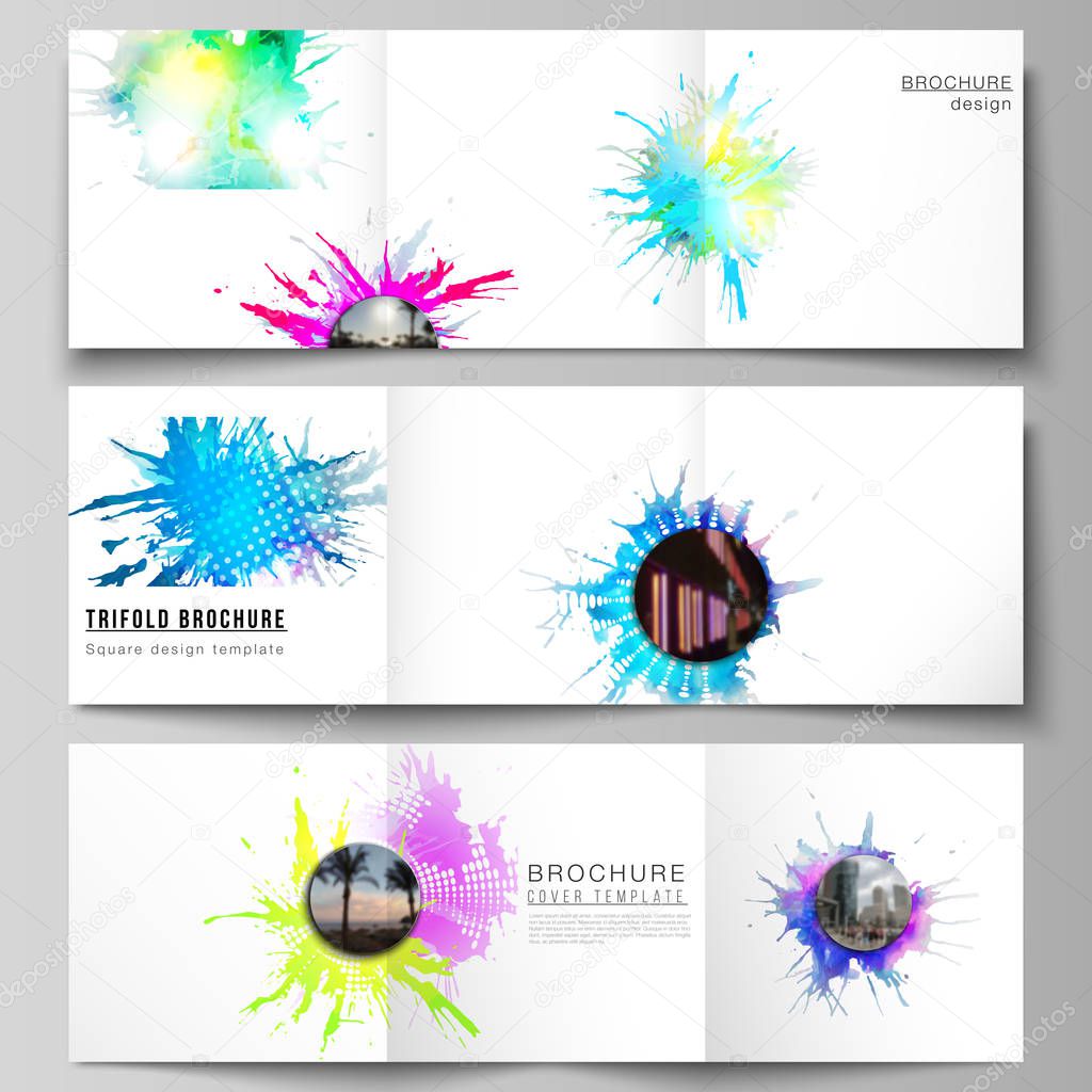 The minimal vector editable layout of square format covers design templates for trifold brochure, flyer, magazine. Colorful watercolor paint stains vector backgrounds.