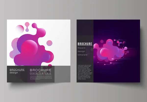 Das minimale Vektorlayout von zwei quadratischen Formaten deckt Designvorlagen für Broschüren, Flyer, Magazine ab. schwarzer Hintergrund mit flüssigem Verlauf, flüssiges rosafarbenes geometrisches Element. — Stockvektor