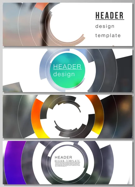 De minimalistische vector illustratie van de bewerkbare lay-out van headers, banner design templates. Futuristisch ontwerp circulaire patroon, cirkel elementen vormen geometrische frame voor foto. — Stockvector