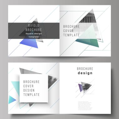 Düzenlenebilir düzeni iki vektör çizim kare tasarım bifold broşür, dergi, broşür, kitapçık için şablonlar kapsar. Modern memphis deseni ile üçgenler ile renkli poligonal arka plan