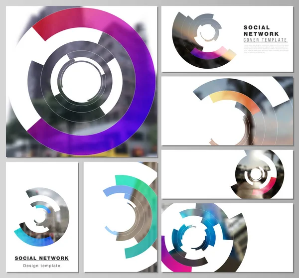 Ilustración vectorial abstracta minimalista de diseños editables de maquetas de redes sociales modernas en formatos populares. Diseño futurista patrón circular, elementos de círculo formando marco geométrico para la foto — Archivo Imágenes Vectoriales