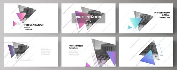 Den minimalistiske abstrakte vektor illustration af redigerbare layout af præsentationen dias design business skabeloner. Farverig polygonal baggrund med trekanter med moderne memphis mønster . – Stock-vektor