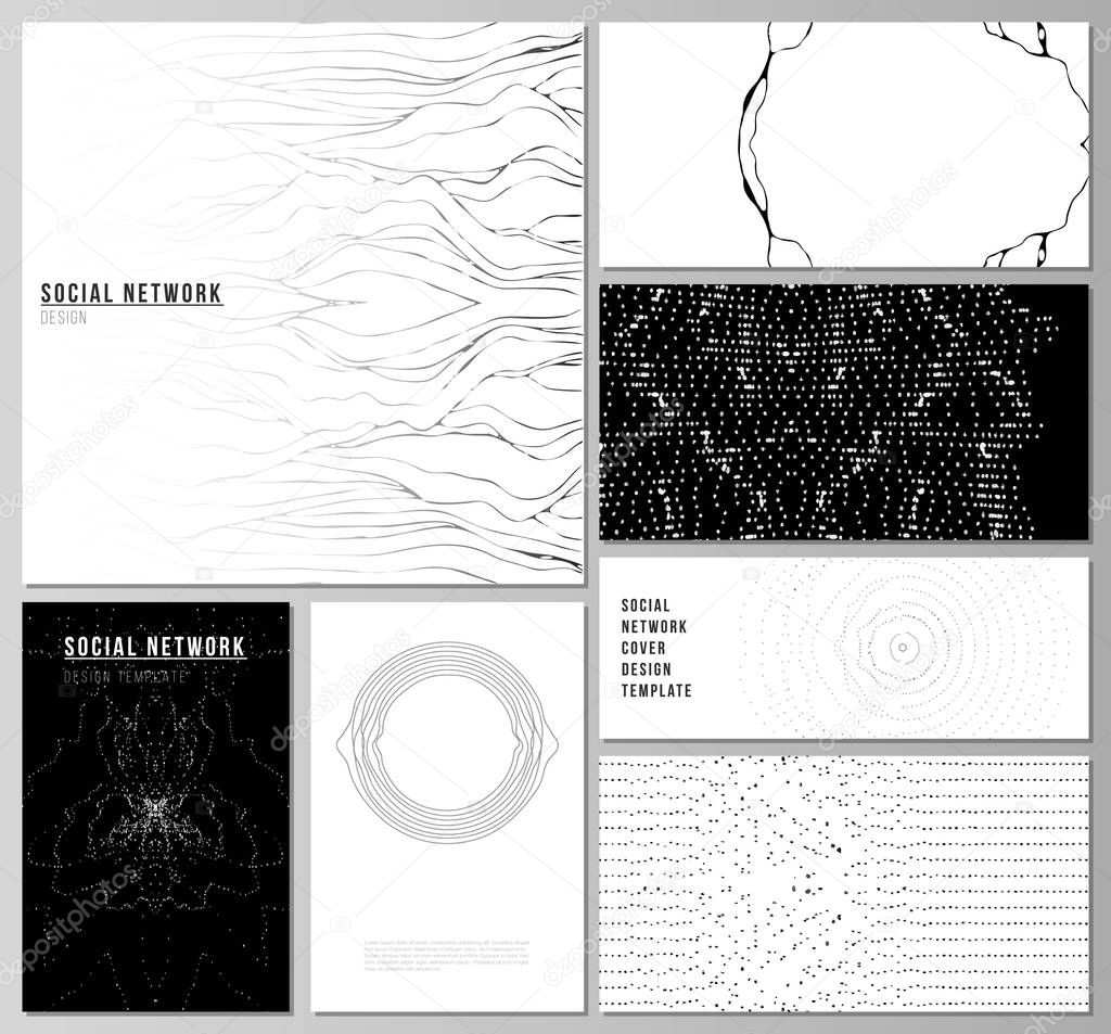 The minimalistic abstract vector illustration layouts of modern social network mockups in popular formats. Trendy modern science or technology background with dynamic particles. Cyberspace grid.