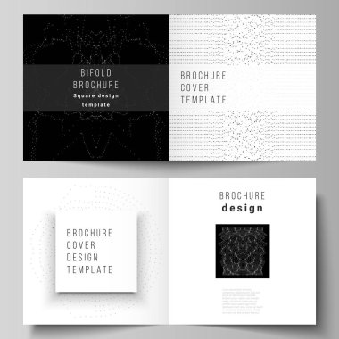 İki vektör düzeni kare tasarım bifold broşür, dergi, Flyer, kitapçık için şablonlar kapsar. Dinamik parçacıklar ile trendy modern bilim veya teknoloji arka plan. Siber uzay ızgarası.