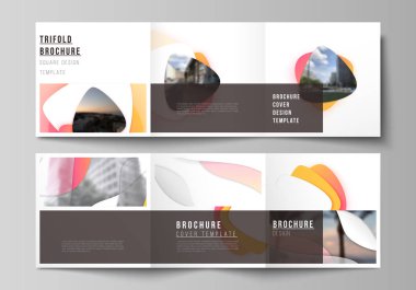 Kare biçiminin minimum vektör düzenlenebilir düzeni, üç katlı broşür, broşür ve dergi için tasarım şablonlarını kapsar. Sarı renk gradyan soyut dinamik şekiller, renkli geometrik şablon tasarımı.