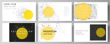 Sunum slaytlar minimalist soyut vektör çizim düzeni tasarım iş şablonları. Dinamik parçacıklar ile bilim veya teknoloji 3D arka plan. Kimya ve bilim konsepti.
