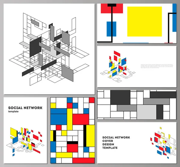 De minimalistiska abstrakta vektor layouterna av moderna sociala nätverk prototyper i populära format. Abstrakt polygonal bakgrund, färgglada mosaikmönster, retro bauhaus de stijl design. — Stock vektor