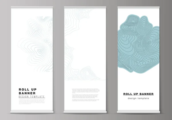 Vektorové ilustrace upravitelné rozložení roll up banner stojany, vertikální letáky, vlajky návrh šablony obchodních. Topografická mapa, abstraktní monochromatické pozadí. — Stockový vektor