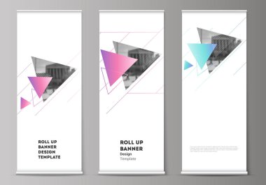 Afiş standları, dikey el ilanları, topla düzenlenebilir yerleşimini vektör çizim bayrakları iş şablonu tasarlayabilirsiniz. Modern memphis deseni ile üçgenler ile renkli poligonal arka plan.