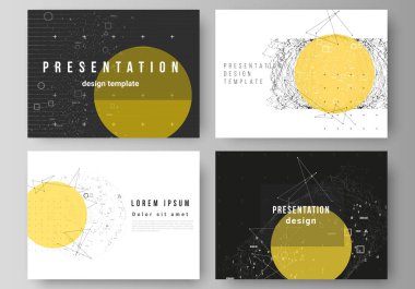 Sunum slaytlar minimalist soyut vektör çizim düzeni tasarım iş şablonları. Dinamik parçacıklar ile bilim veya teknoloji 3D arka plan. Kimya ve bilim konsepti.