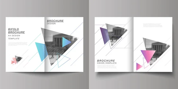 De indeling van de vector van twee A4 formaat moderne cover testmodellen ontwerpsjablonen voor bifold brochure, flyer, magazine, boekje, verslag. Kleurrijke veelhoekige achtergrond met driehoeken met moderne memphis patroon — Stockvector