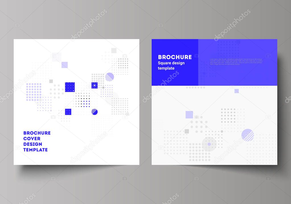 The minimal vector illustration of editable layout of two square format covers design templates for brochure, flyer, magazine. Abstract vector background with fluid geometric shapes.