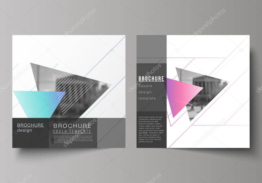 The minimal vector illustration of editable layout of two square format covers design templates for brochure, flyer, magazine. Colorful polygonal background with triangles with modern memphis pattern.