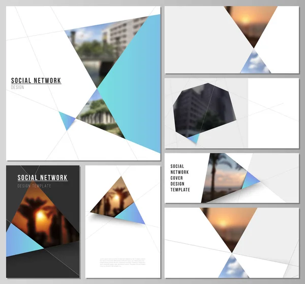 Минималистические абстрактные векторные схемы современных макетов социальных сетей в популярных форматах. Творческий современный фон с голубыми треугольниками и треугольными фигурами. Простое оформление . — стоковый вектор