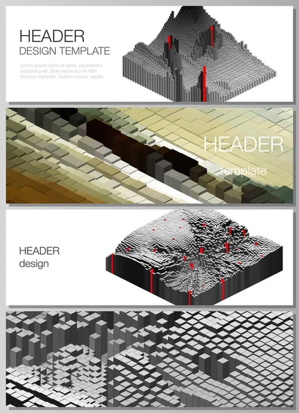 La ilustración vectorial minimalista de la disposición editable de los encabezados, plantillas de diseño de banners. Big data. Fondo geométrico dinámico. Diseño de patrón de cubos con efecto de movimiento. 3d estilo de tecnología . — Archivo Imágenes Vectoriales