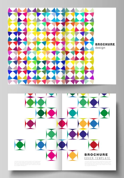 Vector layout of two A4 format modern cover mockups design templates for bifold brochure, flyer, booklet, report. Abstract background, geometric mosaic pattern with bright circles, geometric shapes. — Stock Vector
