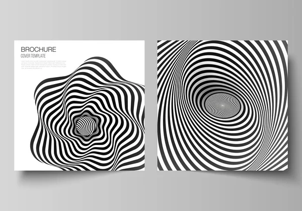The minimal vector layout of two square format covers design templates for brochure, flyer, magazine. Abstract 3D geometrical background with optical illusion black and white design pattern. — Stock Vector