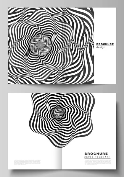 Vector lay-out van twee A4-formaat moderne cover mockups ontwerp sjablonen voor bifold brochure, flyer, boekje, rapport. Abstract 3D geometrische achtergrond met optisch illusie zwart design patroon. — Stockvector