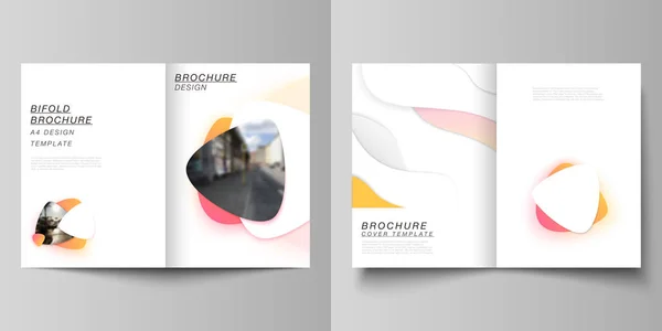 Vector lay-out van twee A4-formaat moderne cover mockups ontwerpsjablonen voor Bifold brochure, tijdschrift, flyer, boekje. Gele kleur verloop abstracte dynamische vormen, kleurrijke geometrische sjabloonontwerp. — Stockvector