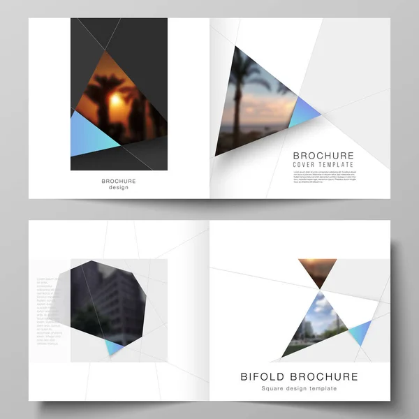 De indeling van de vector van twee omvat sjablonen voor vierkante ontwerp bifold brochure, flyer, magazine en boekje. Creatieve moderne achtergrond met blauwe driehoekjes en driehoekige vormen. Eenvoudig ontwerp decoratie. — Stockvector