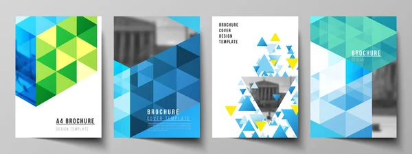 The vector layout of A4 format modern cover mockups design templates for brochure, magazine, flyer, booklet, annual report. Blue color polygonal background with triangles, colorful mosaic pattern. — Stock Vector