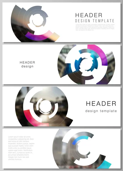 De minimalistische vector illustratie van de bewerkbare lay-out van headers, banner design templates. Futuristisch ontwerp circulaire patroon, cirkel elementen vormen geometrische frame voor foto. — Stockvector