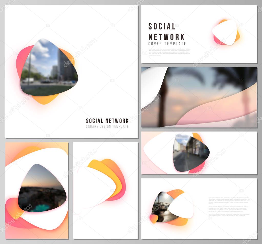 Minimalistic abstract vector illustration of the editable layouts of modern social network mockups in popular formats. Yellow color gradient abstract dynamic shapes, colorful geometric template design