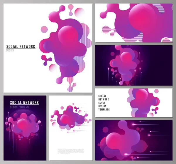 La ilustración vectorial abstracta minimalista de los diseños editables de las maquetas de redes sociales modernas en formatos populares. Fondo negro con gradiente fluido, elemento geométrico líquido de color rosa . — Archivo Imágenes Vectoriales