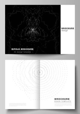 İki kat broşür, el ilanı, kitapçık, rapor için iki A4 formatı modern kapak mockups tasarım şablonları vektör düzeni. Dinamik parçacıklar ile Trendy modern bilim veya teknoloji arka plan. Siber uzay şebekesi