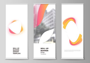 Katlanabilir pankart standlarının, dikey el ilanlarının, bayrakların iş şablonlarının düzenlenebilir illüstrasyonları. Sarı renk gradyan soyut dinamik şekiller, renkli geometrik şablon tasarımı