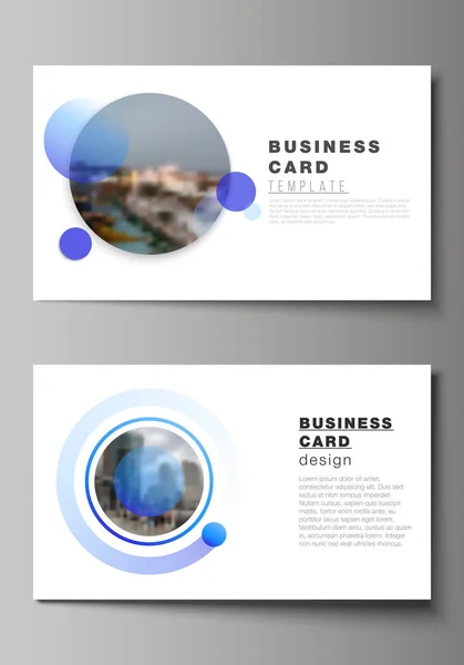 Die minimalistische abstrakte Vektorillustration des editierbaren Layouts zweier kreativer Visitenkarten-Designvorlagen. kreativer moderner blauer Hintergrund mit Kreisen und runden Formen. — Stockvektor