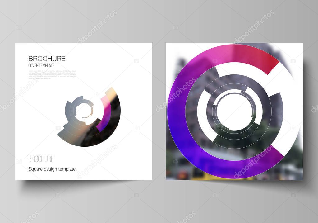 The minimal vector layout of two square format covers design templates for brochure, flyer, magazine. Futuristic design circular pattern, circle elements forming geometric frame for photo.