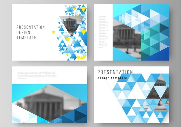 The minimalistic abstract vector illustration of the editable layout of the presentation slides design business templates. Blue color polygonal background with triangles, colorful mosaic pattern. — Stock Vector