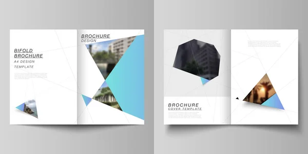 The vector layout of two A4 format modern cover mockups design templates for bifold brochure, magazine, flyer, report. Creative background with blue triangles and triangular shapes. Simple design. — Stock Vector