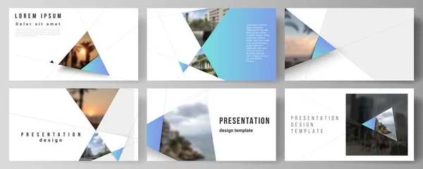 Das minimalistische abstrakte Vektorlayout der Präsentationsfolien gestaltet Geschäftsvorlagen. kreativer moderner Hintergrund mit blauen Dreiecken und dreieckigen Formen. einfache Dekoration. — Stockvektor