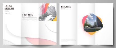 Minimal vektör çizim düzenleri. Modern kreatif, üç kat broşür veya el ilanı için tasarım şablonlarını kapsar. Sarı renk gradyan soyut dinamik şekiller, renkli geometrik şablon tasarımı.