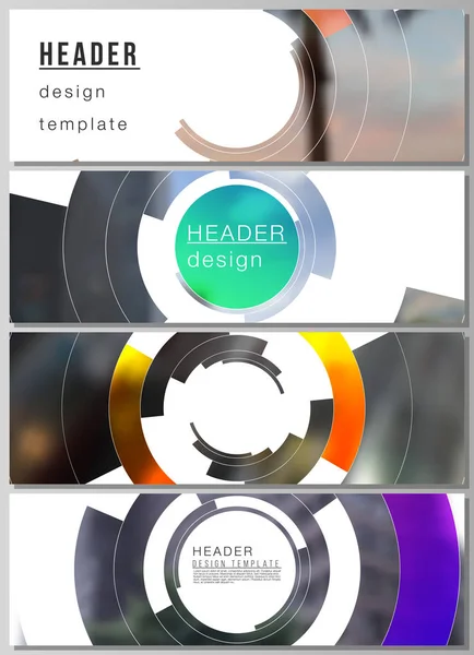 De minimalistische vector illustratie van de bewerkbare lay-out van headers, banner design templates. Futuristisch ontwerp circulaire patroon, cirkel elementen vormen geometrische frame voor foto. — Stockvector