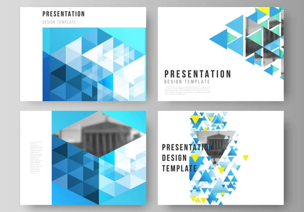 Den minimalistiska abstrakt vektor illustrationen av presentationsbilderna redigerbara layout design business mallar. Blå färg polygonal bakgrund med trianglar, färgglad mosaikmönster. — Stock vektor